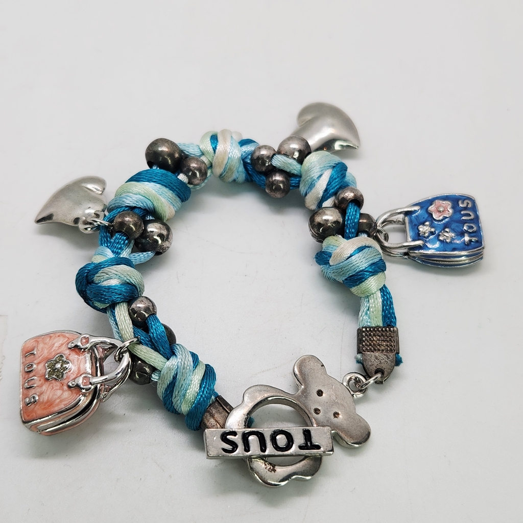 Tous Blue Woven Charm Bracelet Teddy Bear Toggle Puffy Heart Enamel Purse
